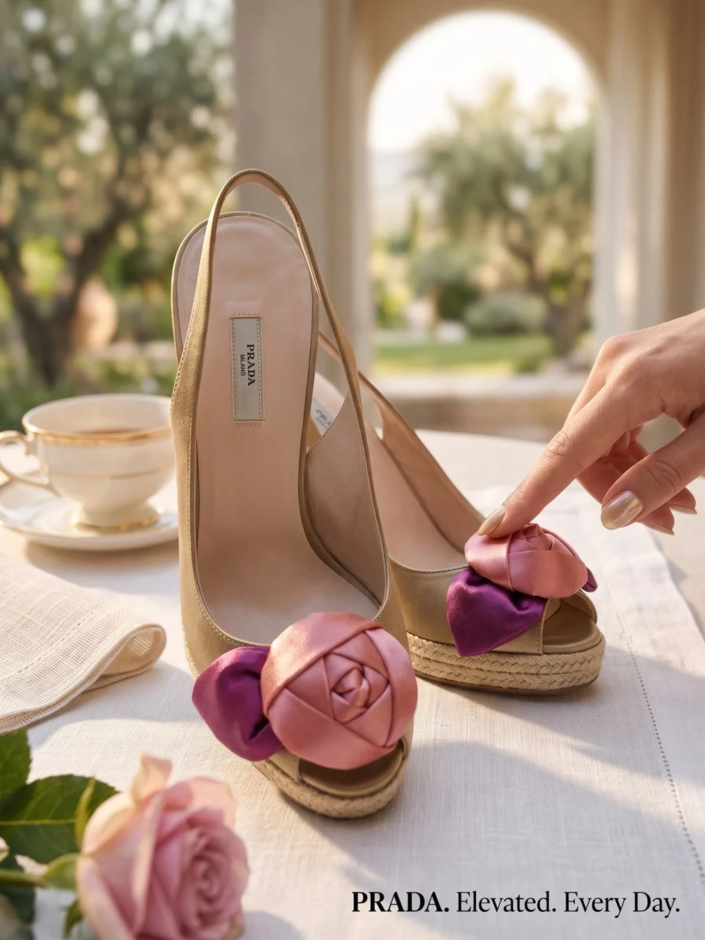 Prada Milano Champagne Satin  Rose Espadrille Wedge  Sandals Size 36 US 6